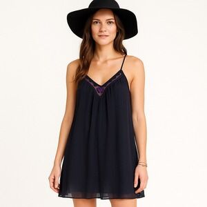 Express Black Chiffon Swing Dress with Purple & Gold Beaded Neckline Detail XS